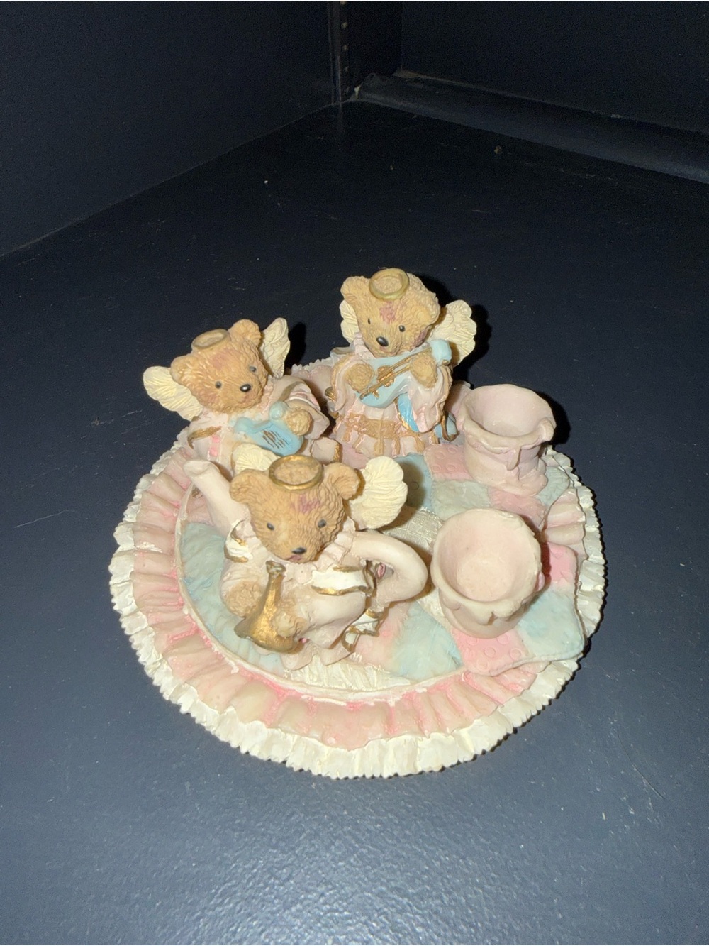 Porcelain Angel Bear Tea Set Figurine - Pastel Pink & Blue